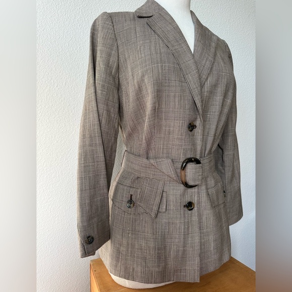 VTG Classiques Entier Grey Plaid Belted Wool Linen Blend Lined Blazer Jacket 12 - Picture 3 of 12